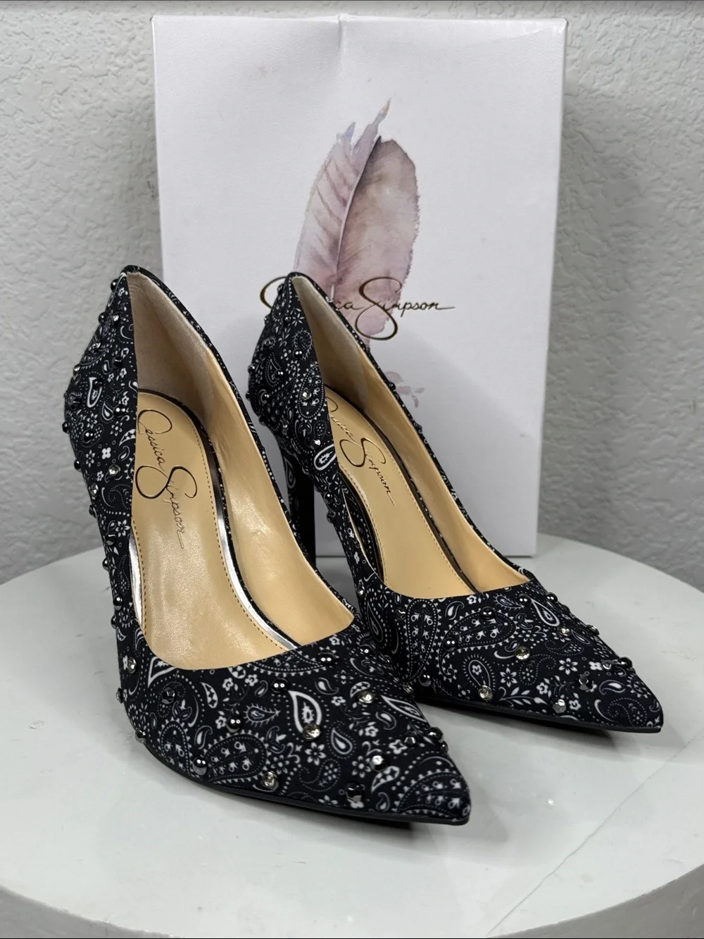 JESSICA SIMPSON CASSANI BANDANA PRINT STUDDED POINTED TOE STILETTO HEELS NIB 9